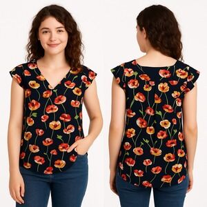 C & E Blouse Top XS Multicolor Floral Print V-Neck Cap Sleeve Ruffle Lightweight